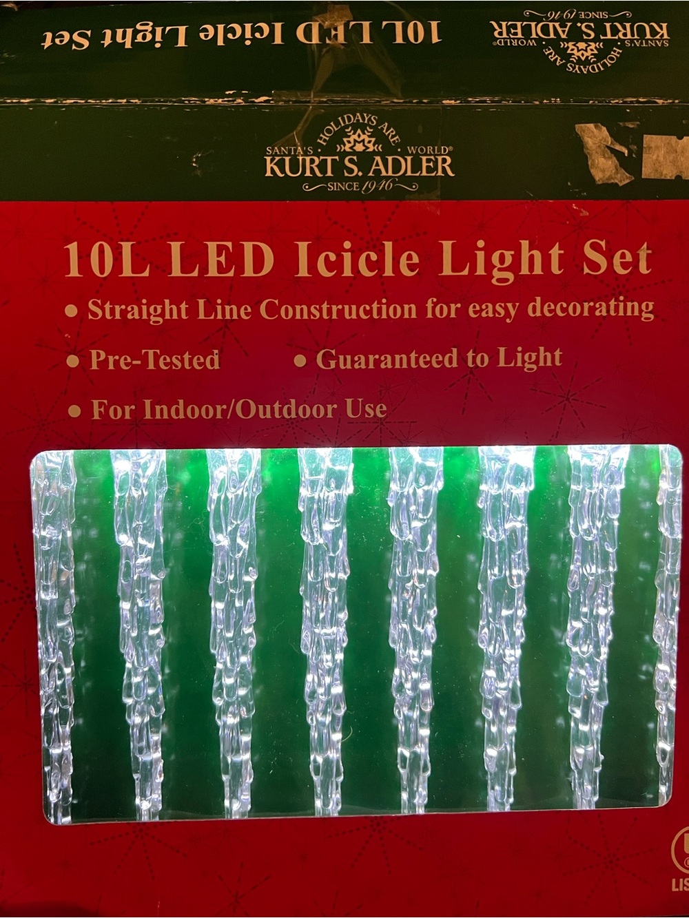 Kurt S. Adler LED ICICLE  Light Set 10 Indoor Outdoor NIB Straight Line String
